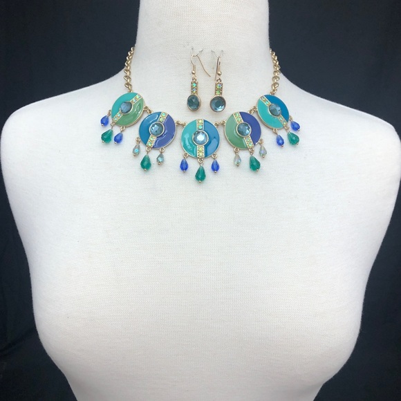 Blue & Green Disk Dangle Bead Necklace Earring Set - Picture 2 of 3